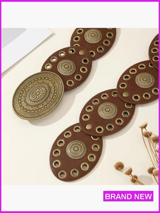 Wide Western Leather Belt Boho Concho Buckle Adjustable Vintage Cowgirl Style - Picture 2 of 6